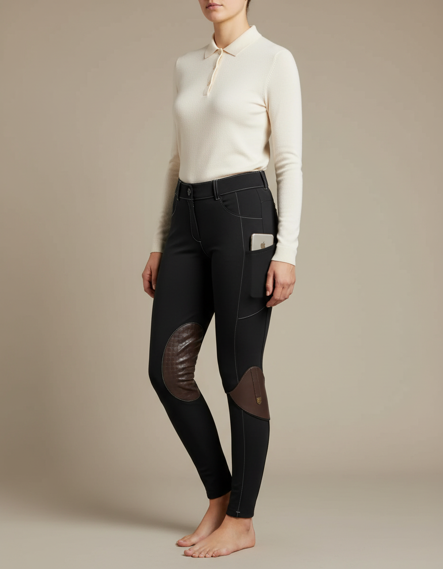 Pantalon Équitation Noir Femme Genoux Renforcés Poches Latérales - Polyester