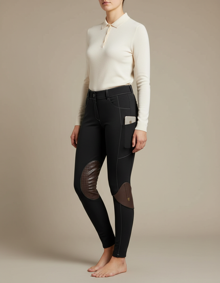 Pantalon Équitation Noir Femme Genoux Renforcés Poches Latérales - Polyester