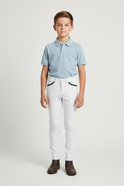 Pantalon Équitation Blanc Garçon Silicone Poches Vertes - Polyester