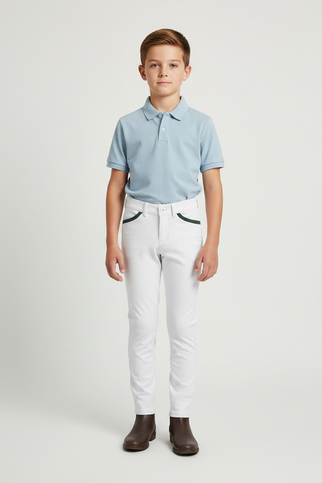 Pantalon Équitation Blanc Garçon Silicone Poches Vertes - Polyester