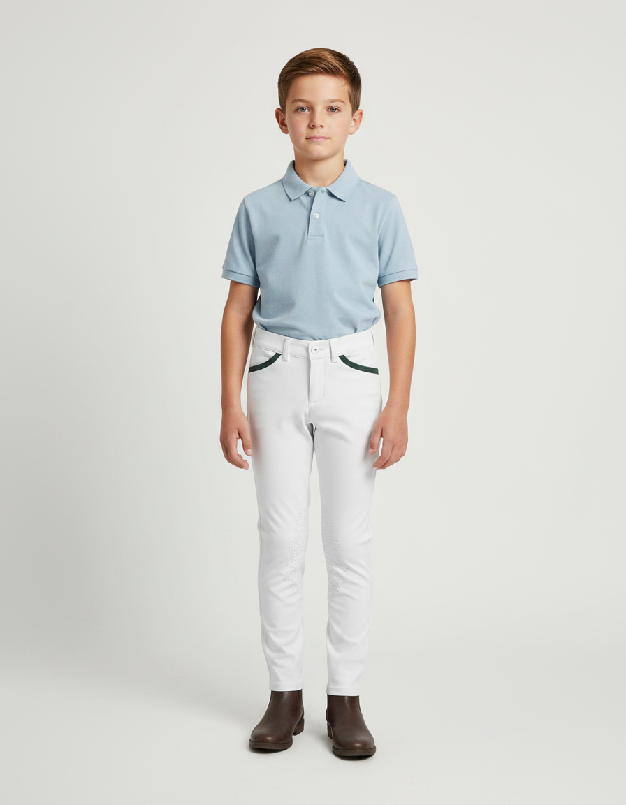 Pantalon Équitation Blanc Garçon Silicone Poches Vertes - Polyester