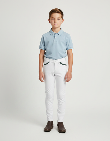Pantalon Équitation Blanc Garçon Silicone Poches Vertes - Polyester