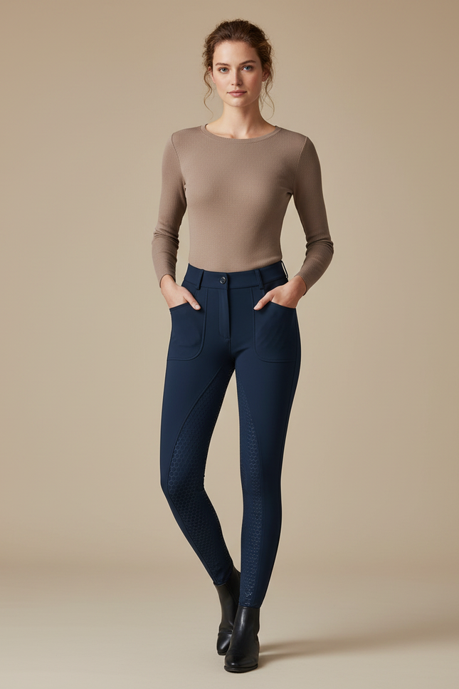 Pantalon Équitation Bleu Marine Femme Adhérent Silicone Confortable - Polyester