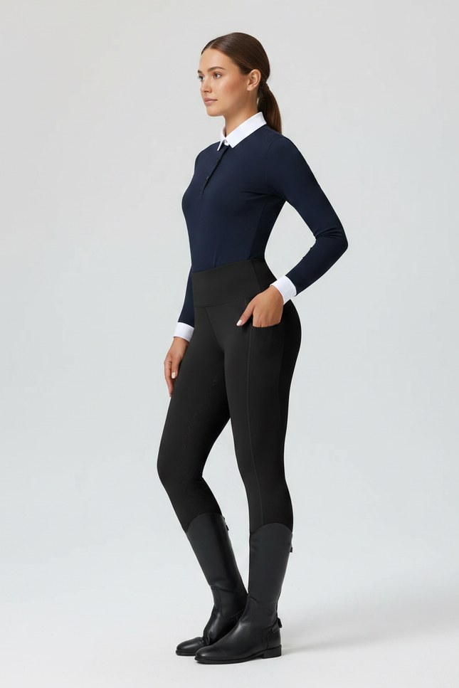 Pantalon Équitation Noir Femme Taille Haute Ajusté - Polyester