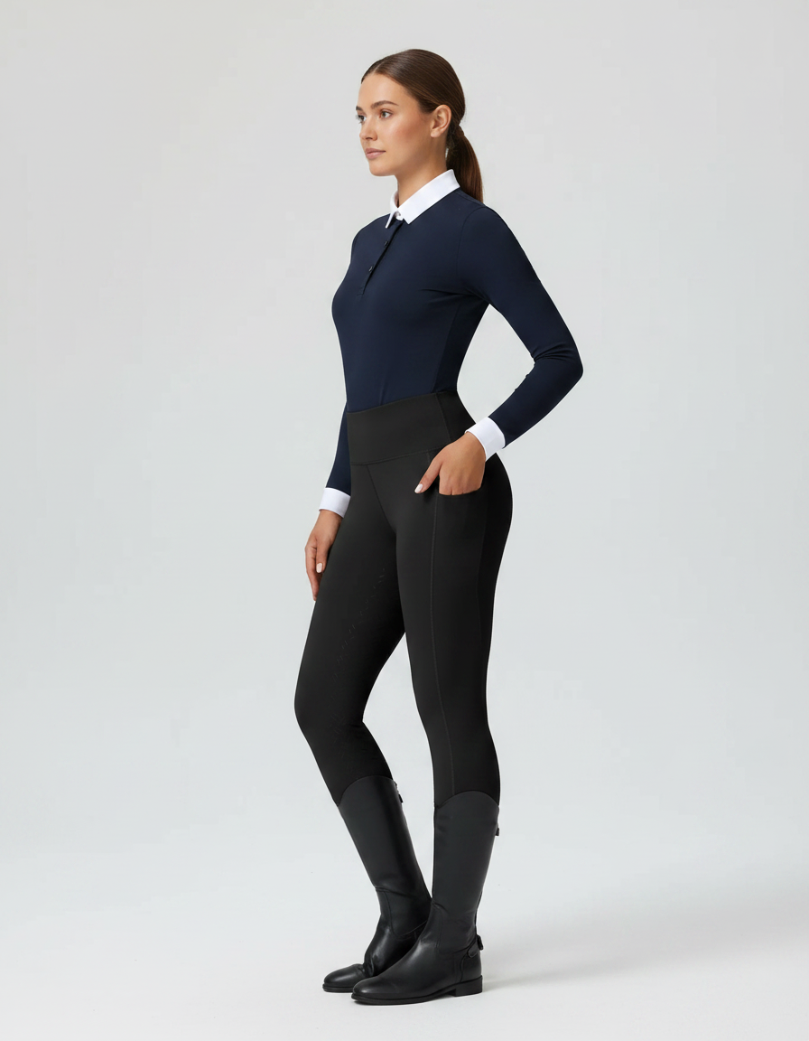 Pantalon Équitation Noir Femme Taille Haute Ajusté - Polyester