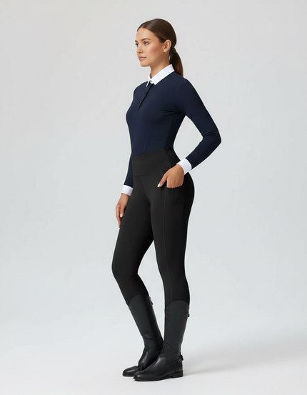 Pantalon Équitation Noir Femme Taille Haute Ajusté - Polyester