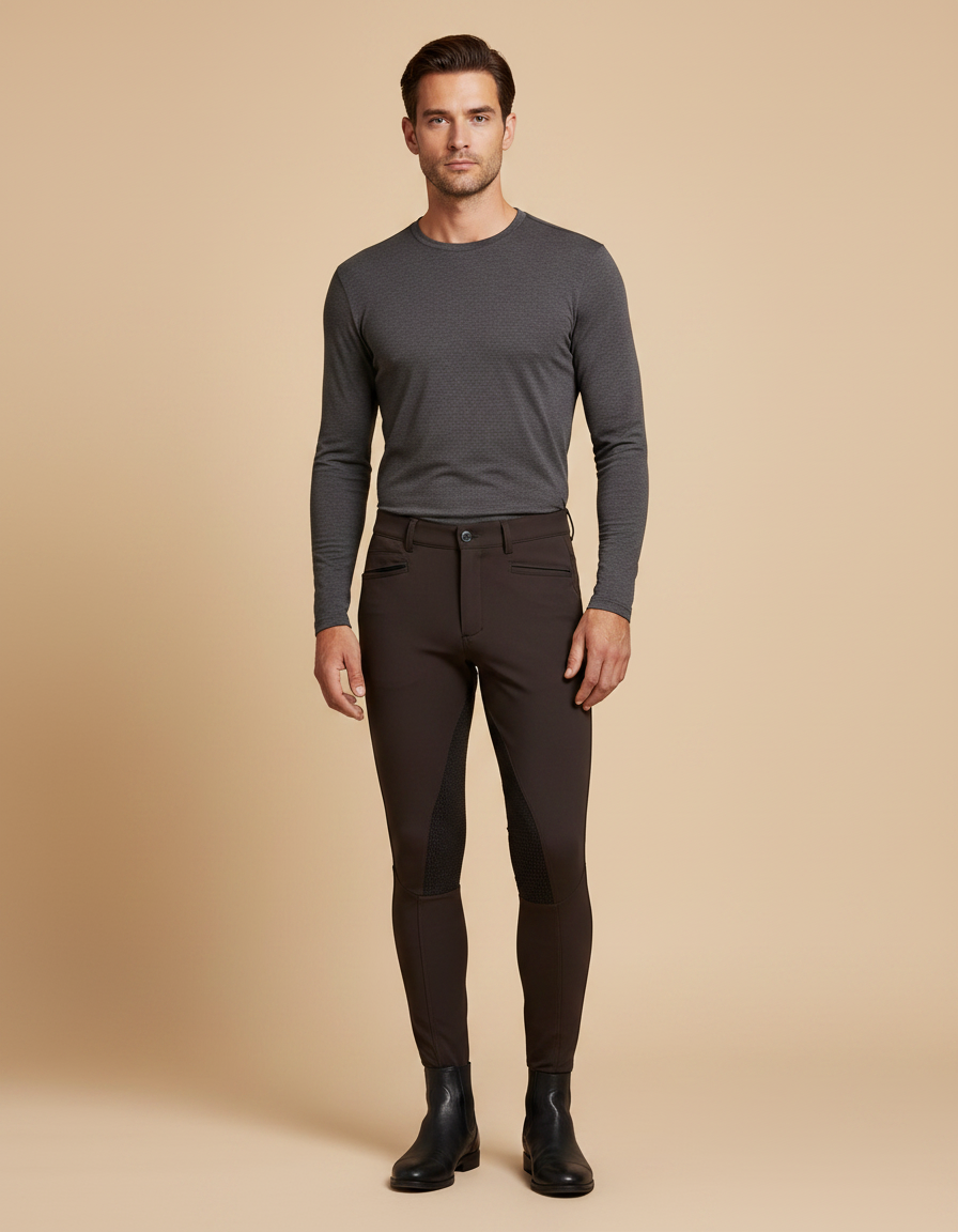 Pantalon Équitation Marron Homme Silicone Stretch Ajusté - Polyester