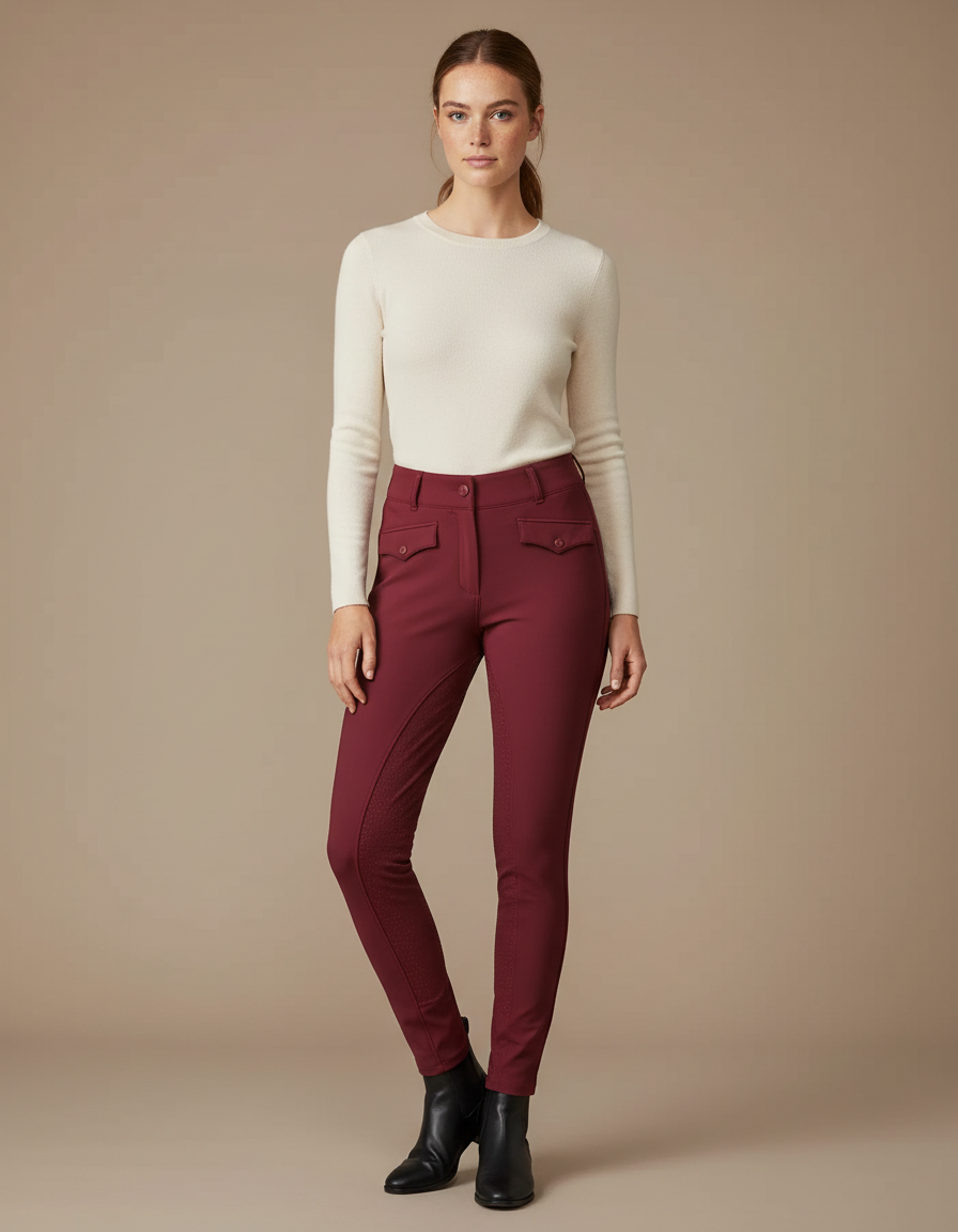 Pantalon Équitation Bordeaux Femme Ajusté Poches Confortable - Polyester