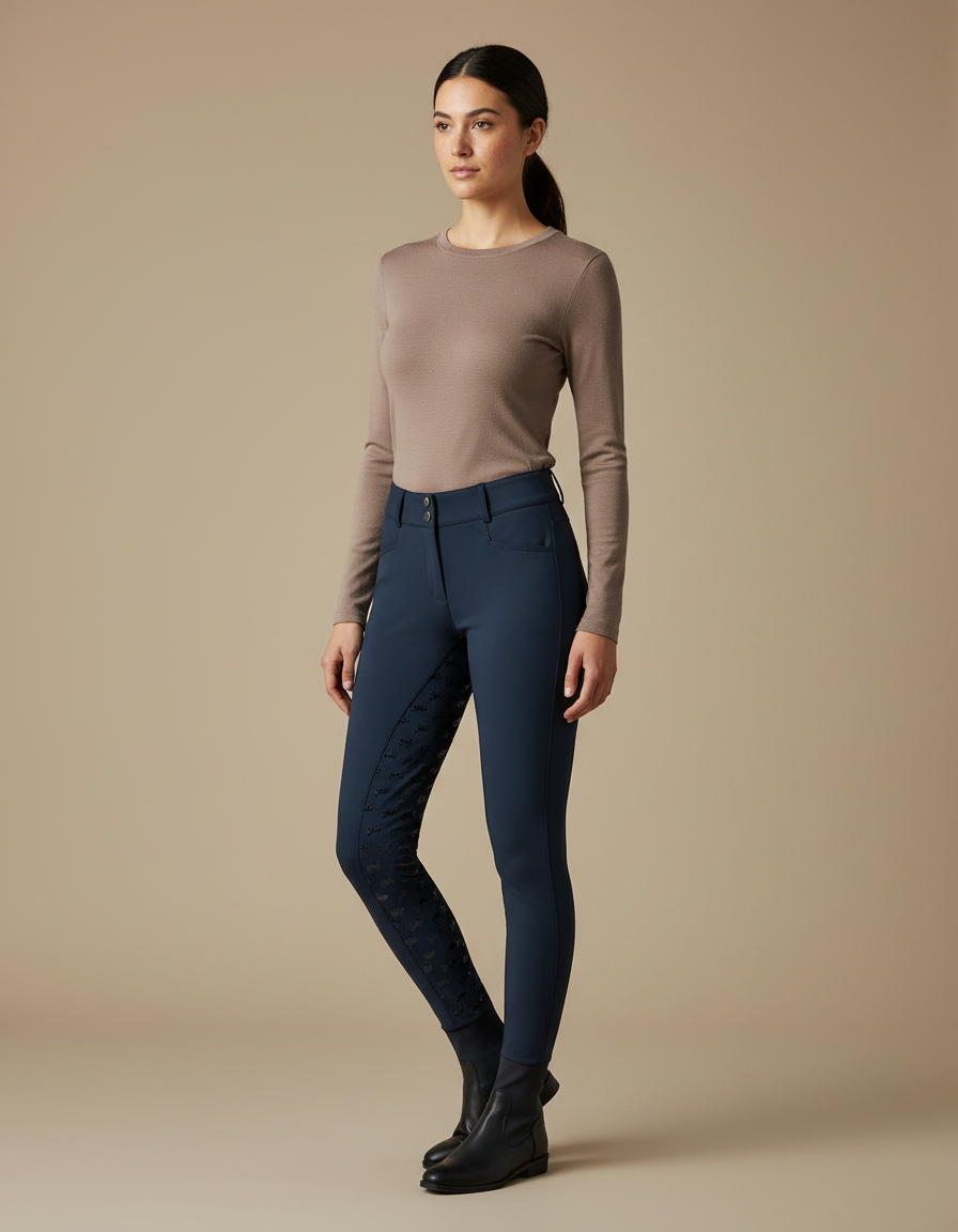 Pantalon Équitation Marine Silicone Élégant Taille Boutons - Polyester