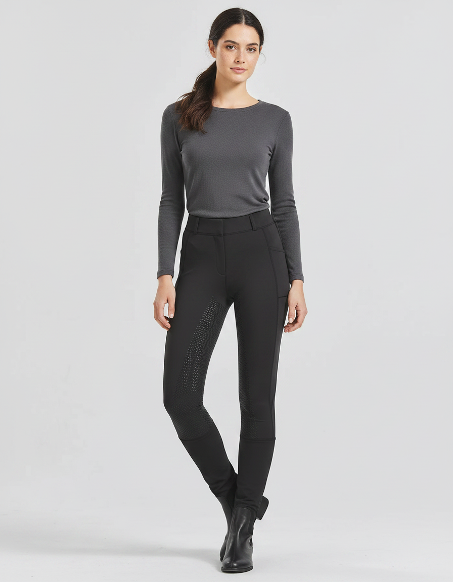 Pantalon Équitation Noir Femme Silicone Ajusté Respirant - Polyester