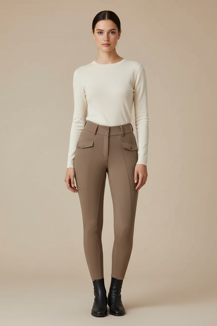 Pantalon Équitation Marron Femme Ajusté Poches Latérales - Polyester