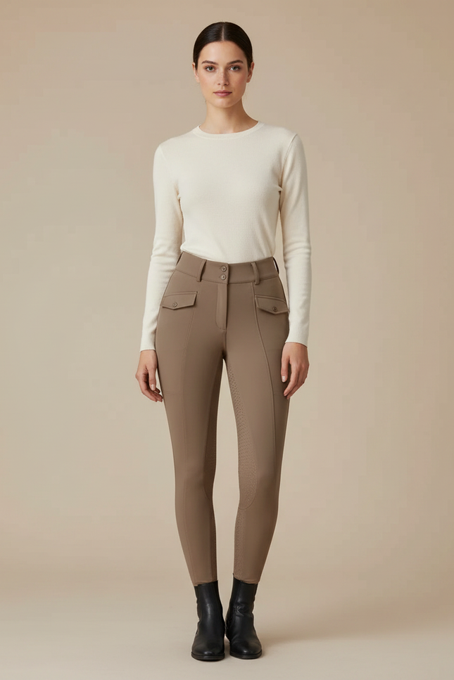 Pantalon Équitation Marron Femme Ajusté Poches Latérales - Polyester
