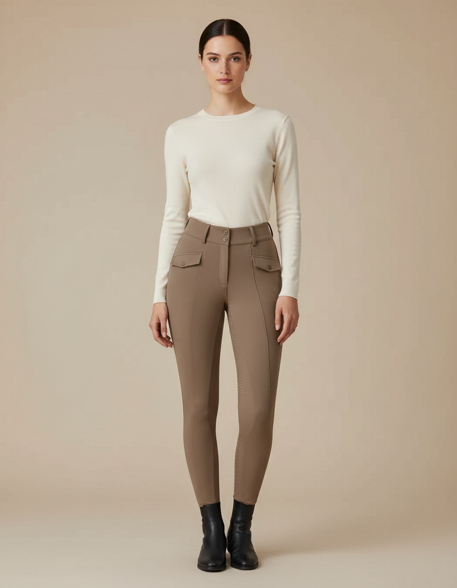 Pantalon Équitation Marron Femme Ajusté Poches Latérales - Polyester