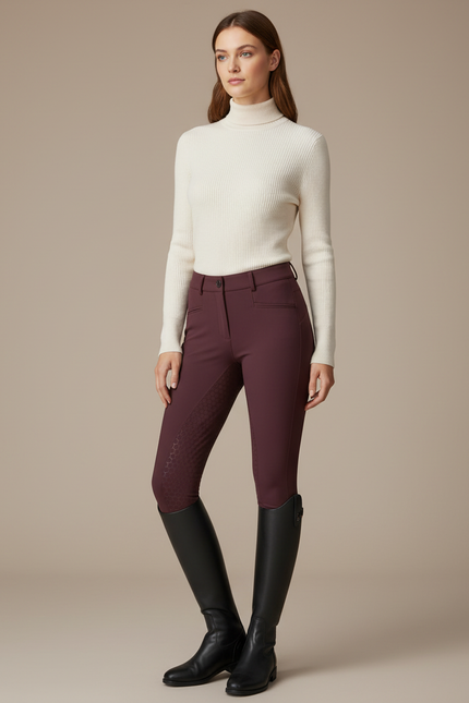Pantalon Équitation Bordeaux Femme Ajusté Tissu Technique Grips Silicone - Polyester