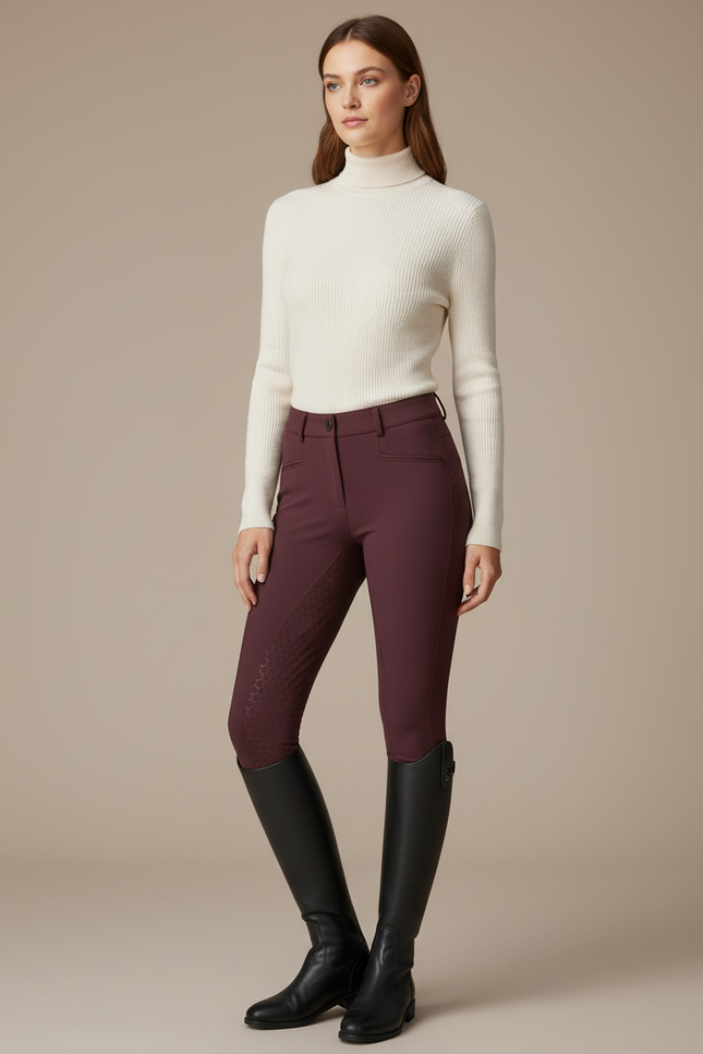 Pantalon Équitation Bordeaux Femme Ajusté Tissu Technique Grips Silicone - Polyester