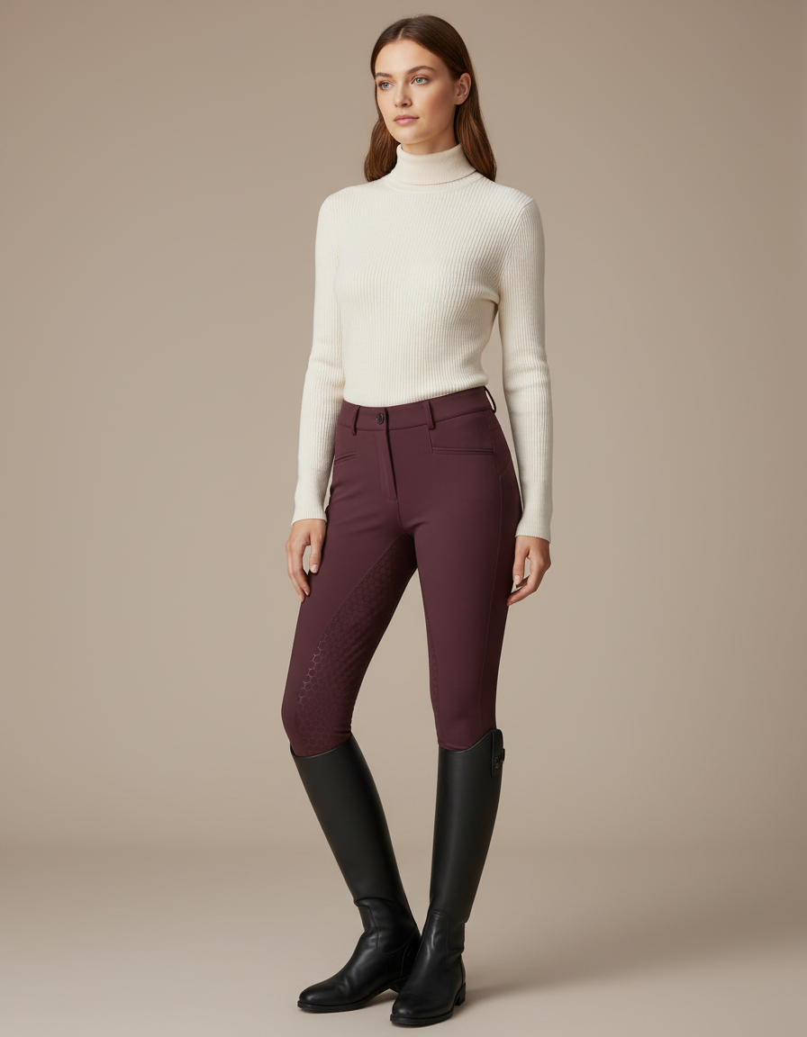 Pantalon Équitation Bordeaux Femme Ajusté Tissu Technique Grips Silicone - Polyester