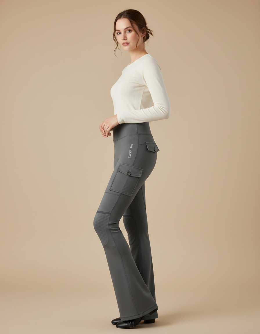 Pantalon Équitation Gris Cargo Évasé Confortable Femme - Polyester