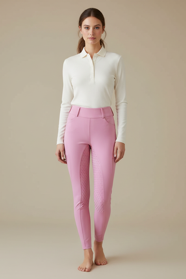 Pantalon Équitation Rose Femme Taille Haute Silicone Slim - Polyester