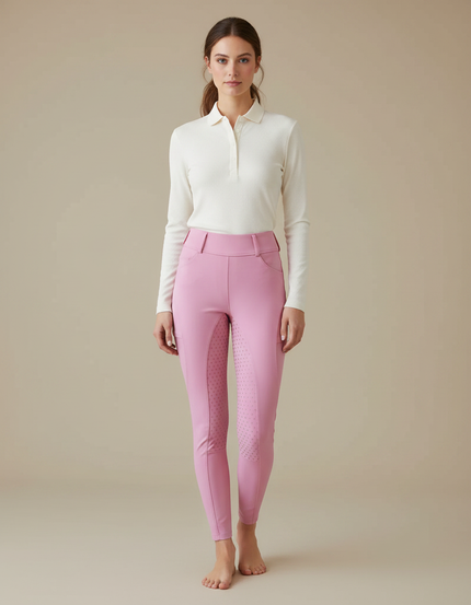 Pantalon Équitation Rose Femme Taille Haute Silicone Slim - Polyester