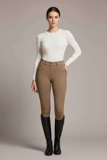 Pantalon Équitation Femme Beige Silicone Ajusté Respirant - Polyester