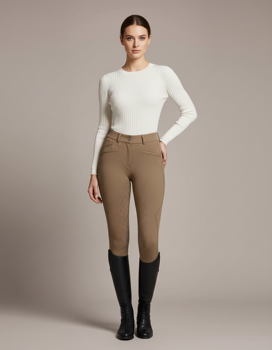 Pantalon Équitation Femme Beige Silicone Ajusté Respirant - Polyester