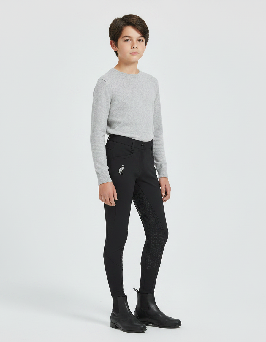 Pantalon Équitation Noir Enfant Silicone Ajusté Confortable - Polyester