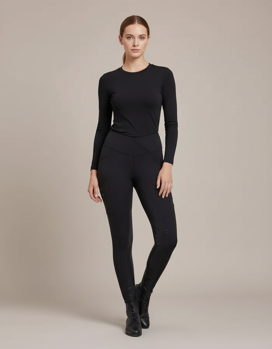 Pantalon Équitation Noir Silicone Ajusté Stretch Femme - Polyester
