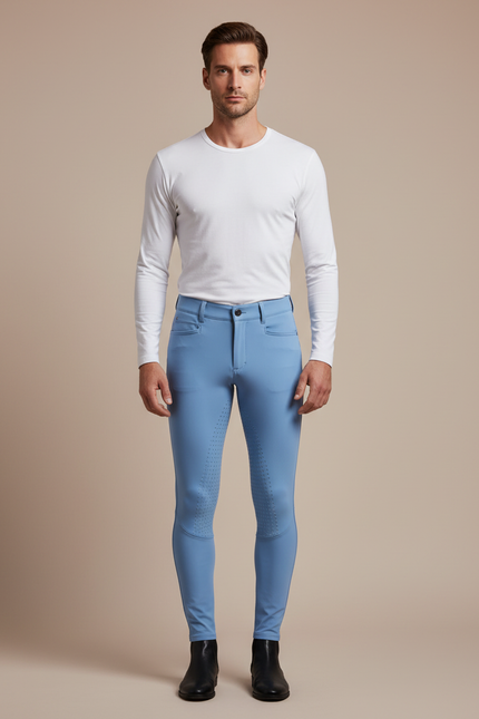 Pantalon Équitation Bleu Ciel Silicone Homme Ajusté Stretch - Polyester