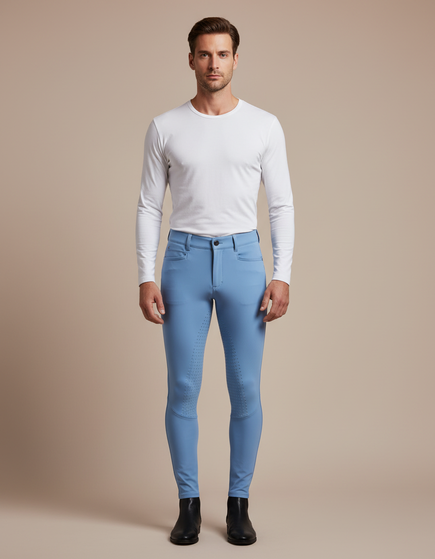 Pantalon Équitation Bleu Ciel Silicone Homme Ajusté Stretch - Polyester