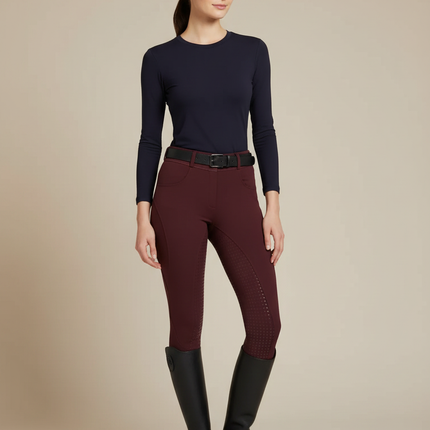 Pantalon Équitation Bordeaux Femme Silicone Adhérent Taille Haute - Polyester