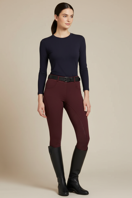 Pantalon Équitation Bordeaux Femme Silicone Adhérent Taille Haute - Polyester