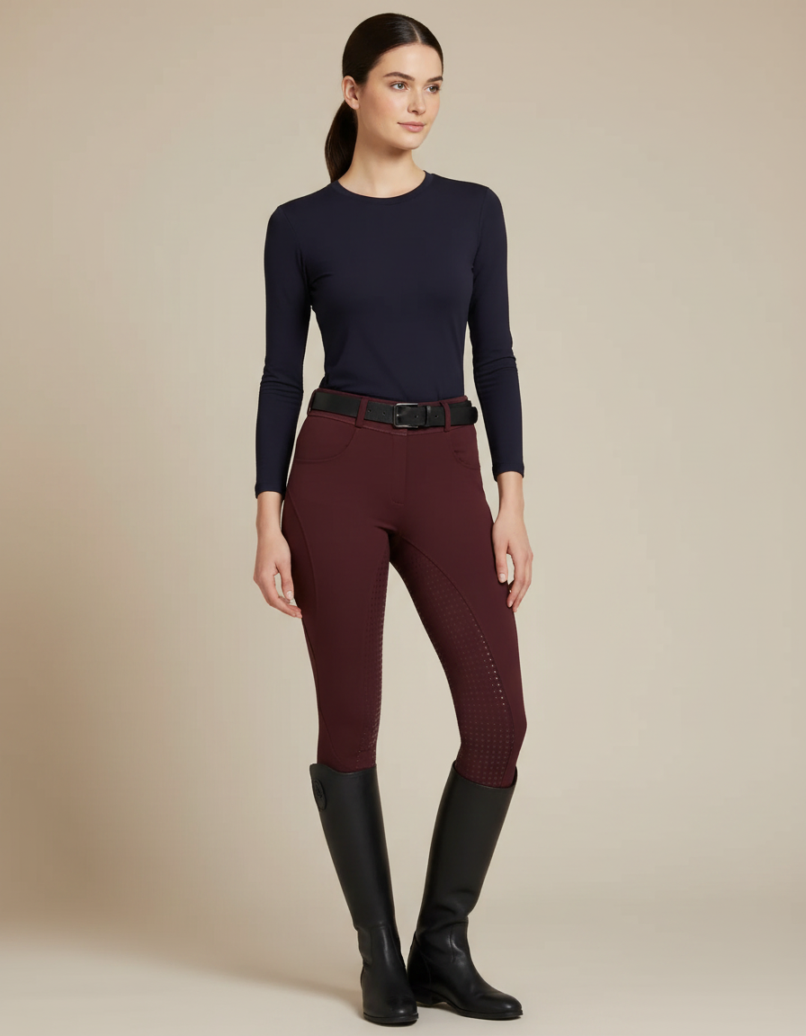 Pantalon Équitation Bordeaux Femme Silicone Adhérent Taille Haute - Polyester