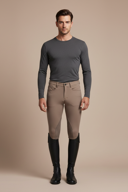 Pantalon Équitation Homme Beige Silicone Quadrillé Ajusté - Polyester