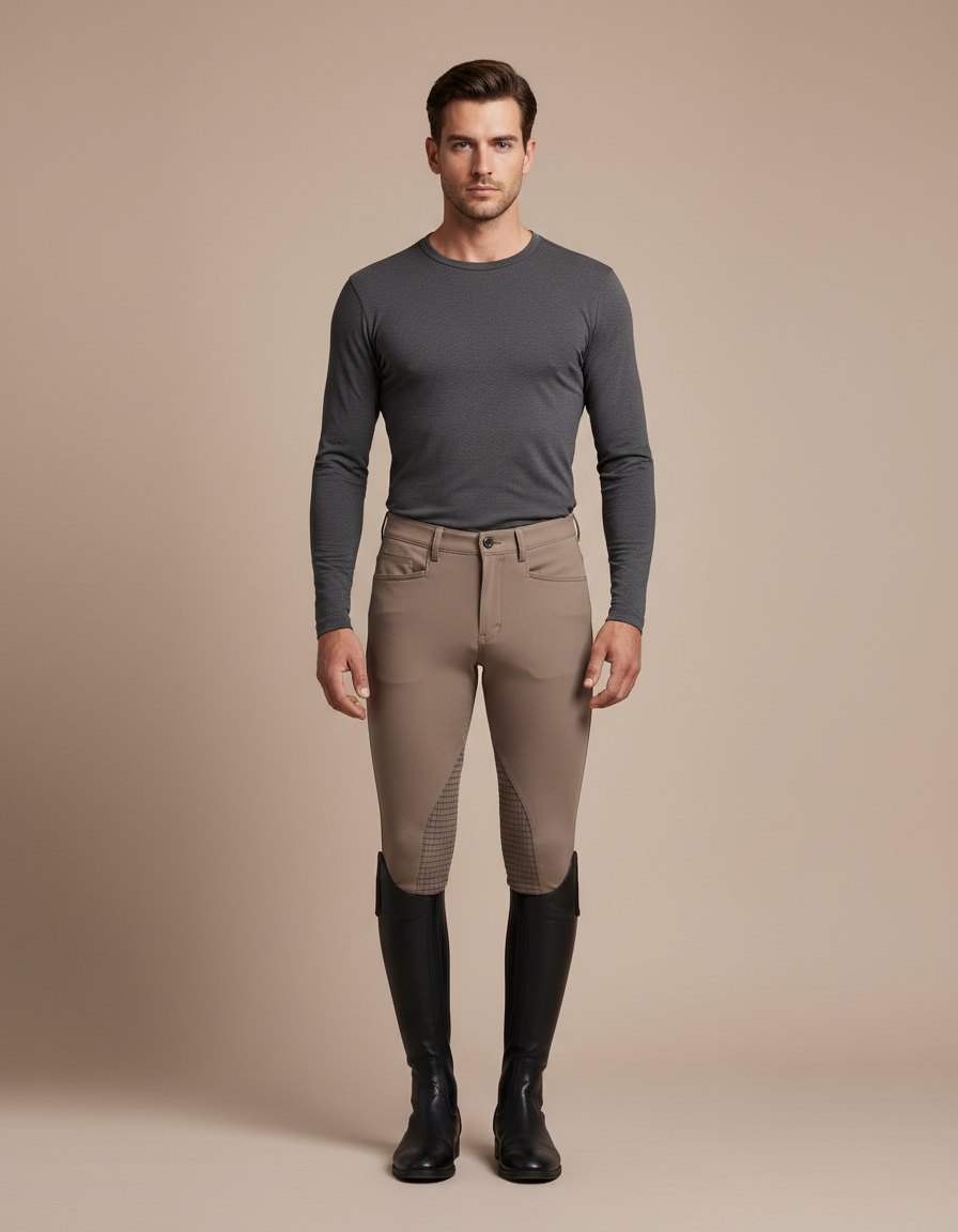Pantalon Équitation Homme Beige Silicone Quadrillé Ajusté - Polyester