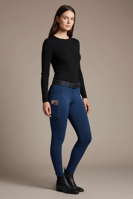 Pantalon Équitation Bleu Marine Femme Ajusté Poches Latérales - Polyester