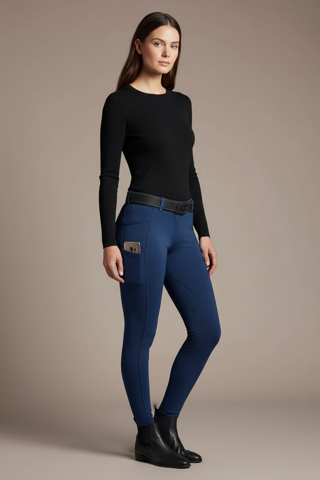 Pantalon Équitation Bleu Marine Femme Ajusté Poches Latérales - Polyester