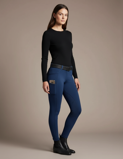 Pantalon Équitation Bleu Marine Femme Ajusté Poches Latérales - Polyester