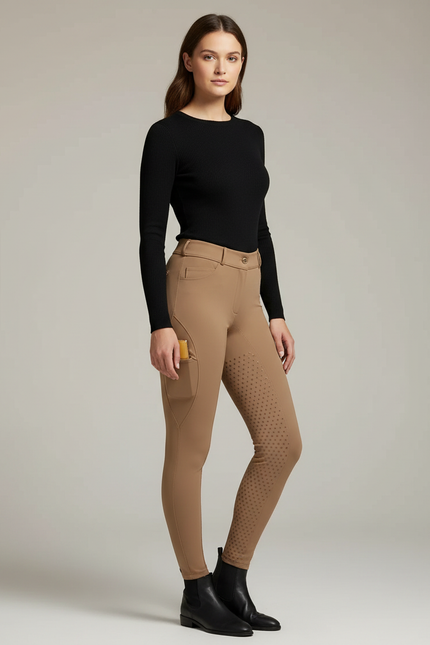 Pantalon Équitation Beige Femme Silicone Ajusté Sportif - Camel Polyester