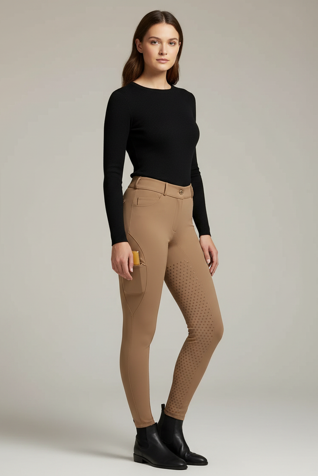 Pantalon Équitation Beige Femme Silicone Ajusté Sportif - Camel Polyester