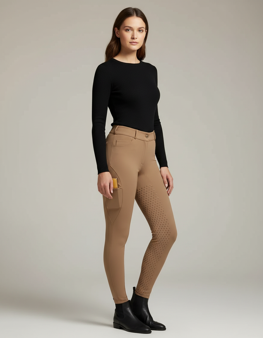 Pantalon Équitation Beige Femme Silicone Ajusté Sportif - Camel Polyester