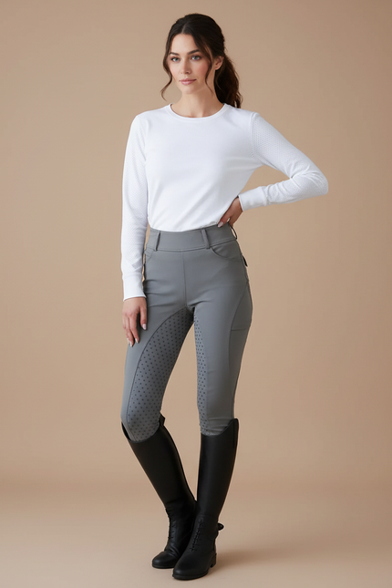Pantalon Équitation Gris Silicone Taille Haute Slim - Polyester