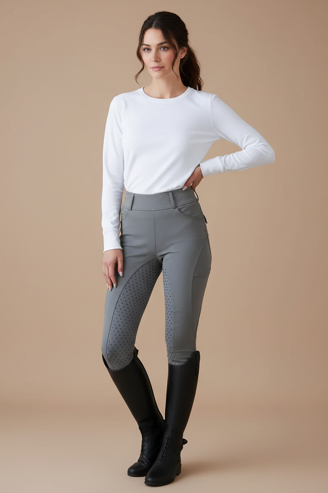 Pantalon Équitation Gris Silicone Taille Haute Slim - Polyester