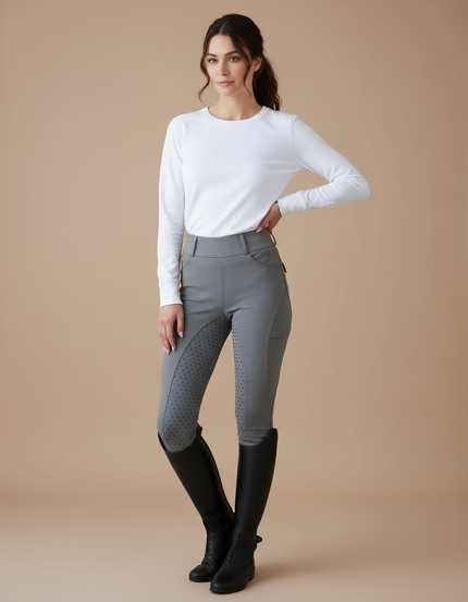 Pantalon Équitation Gris Silicone Taille Haute Slim - Polyester