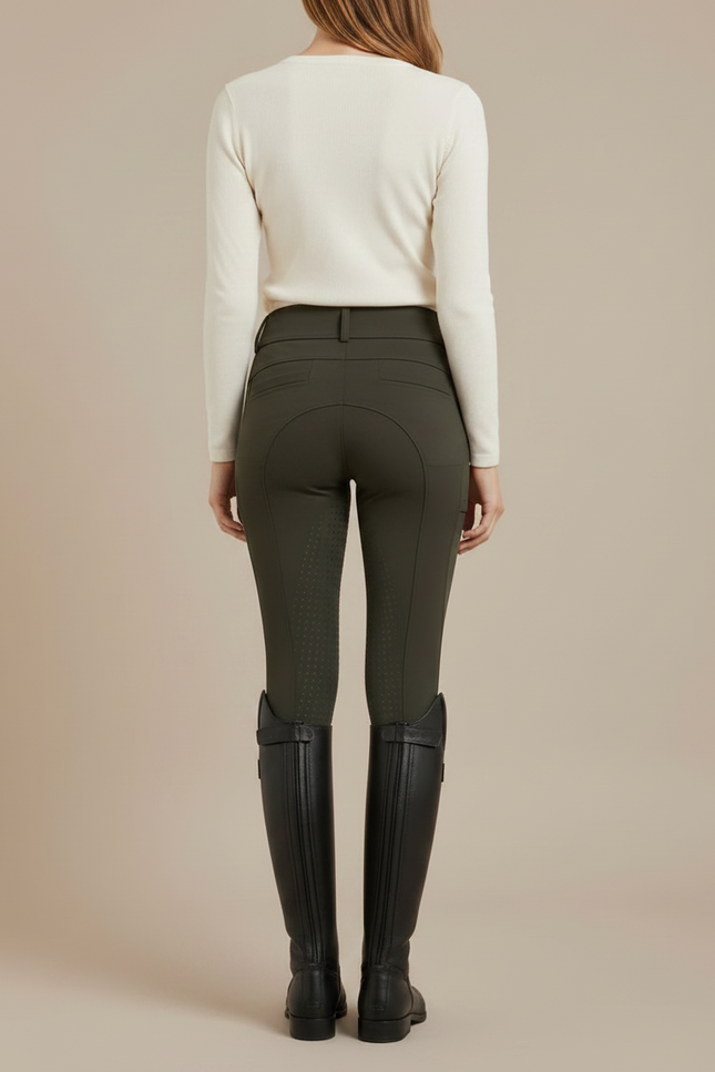 Pantalon Équitation Femme Vert Kaki Adhérent Silicone Taille Haute - Polyester - vue 2