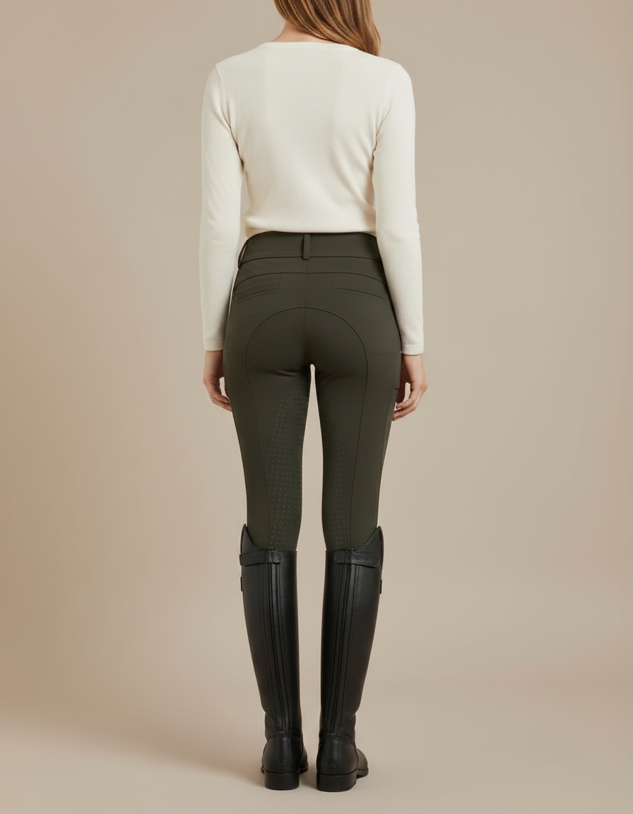 Pantalon Équitation Femme Vert Kaki Adhérent Silicone Taille Haute - Polyester - vue 2