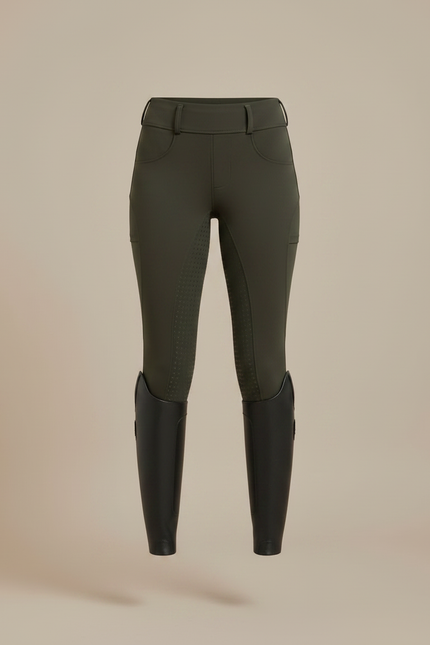 Pantalon Équitation Femme Vert Kaki Adhérent Silicone Taille Haute - Polyester - vue 3